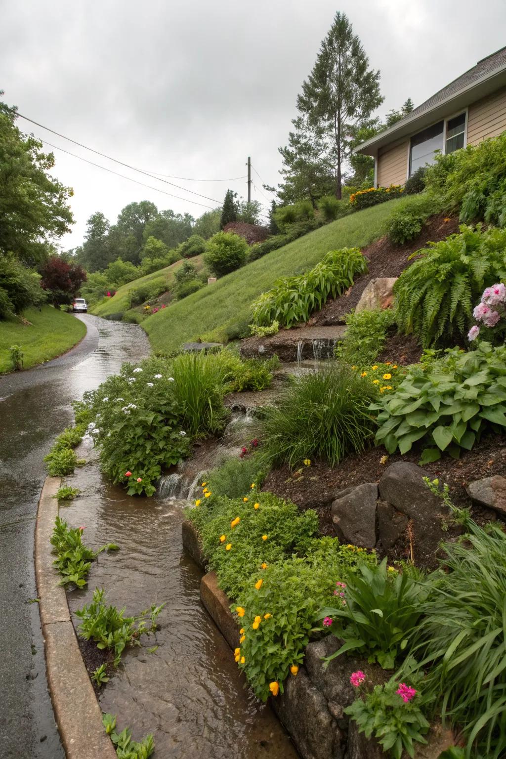 Rain gardens manage water runoff and add vibrant life.