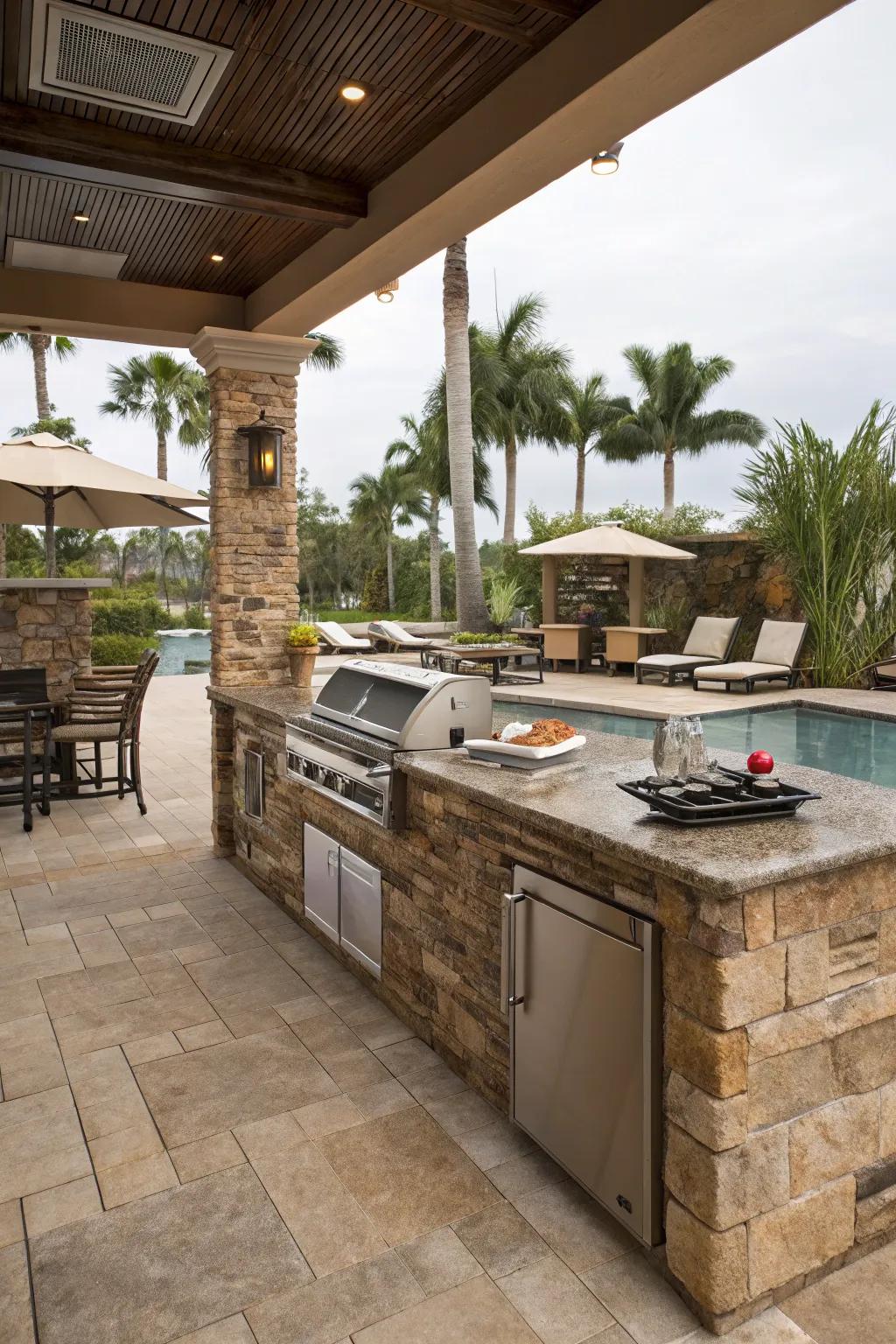 A stone-covered kitchen makes outdoor dining by the pool a delight.