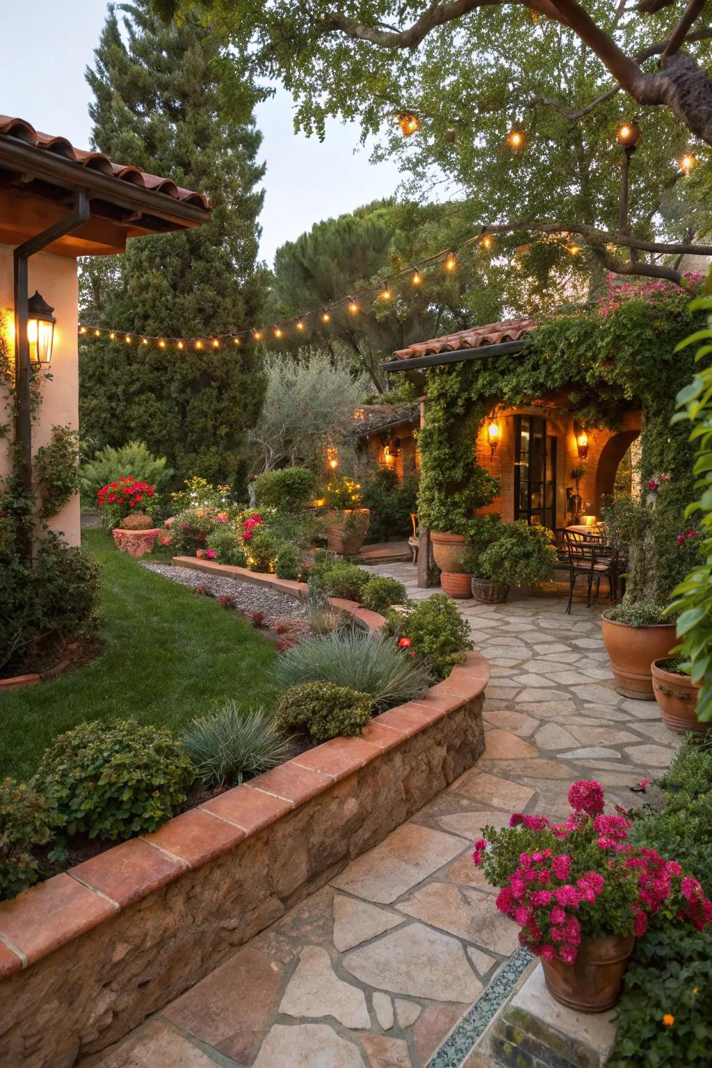 Terracotta edging brings Mediterranean warmth.