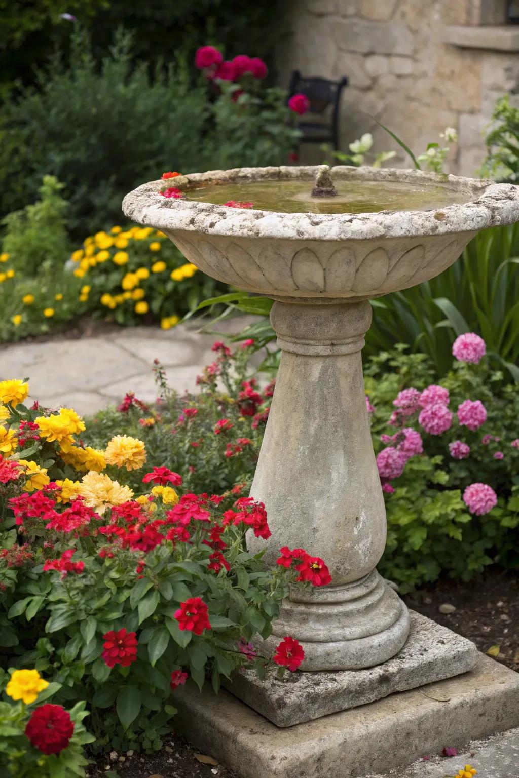Attract birds with a beautiful stone bird bath.