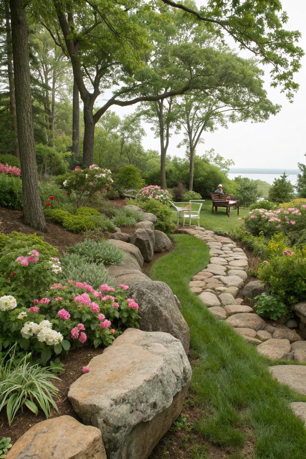 Earthy elegance with large rock garden edging.