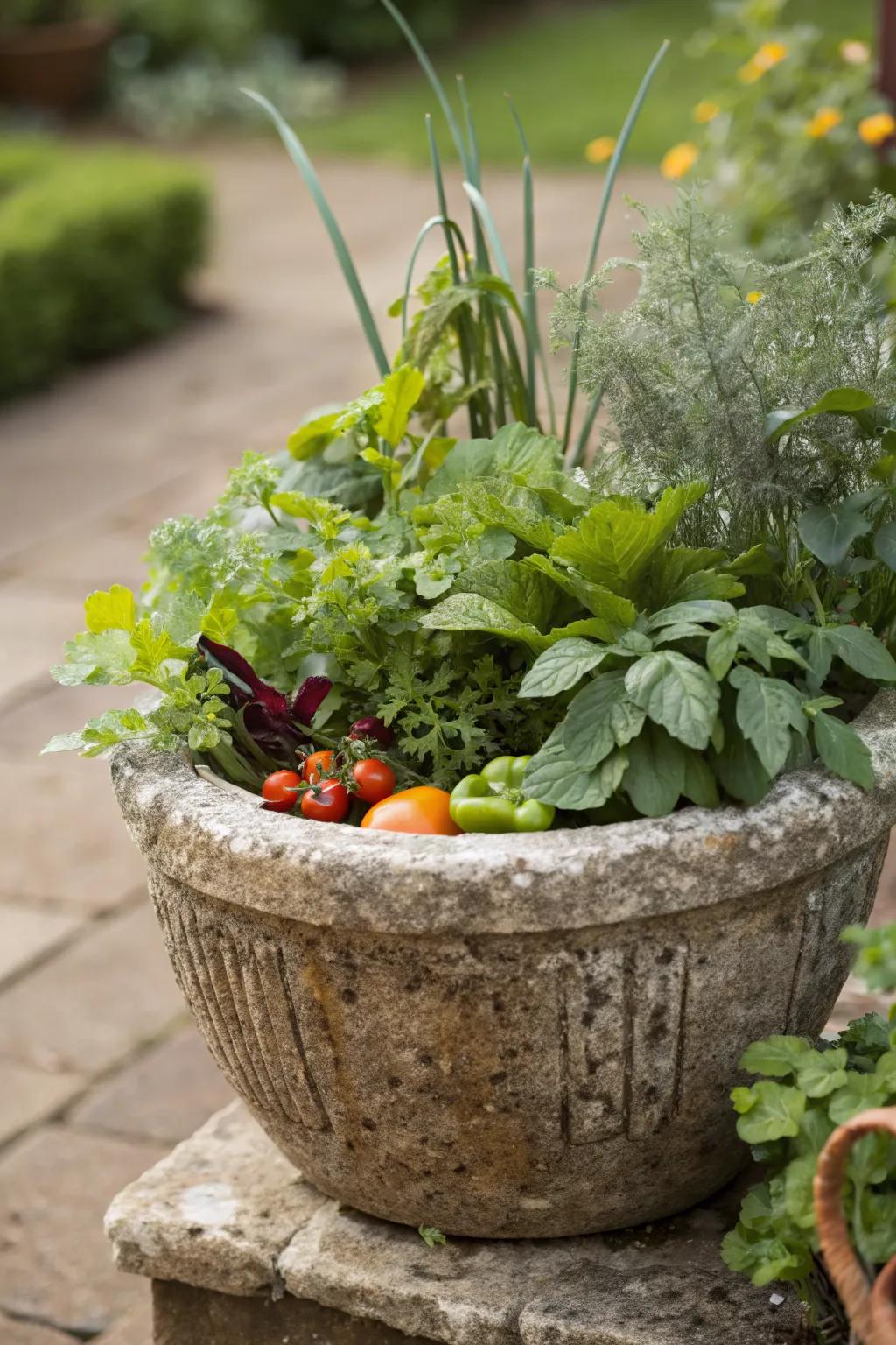 A stone planter dedicated to growing fresh, edible plants.
