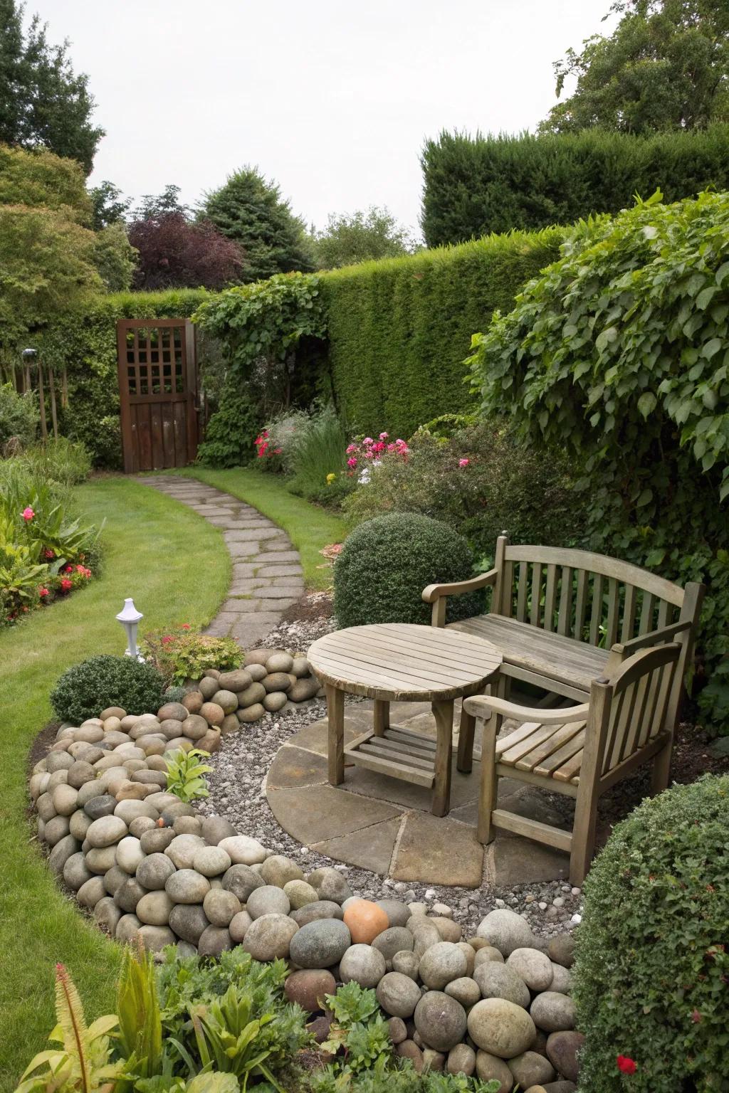 Rounded stones offer a soft, inviting garden border.