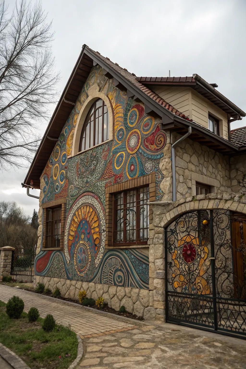 Stone mosaics transform a wall into an artistic masterpiece.