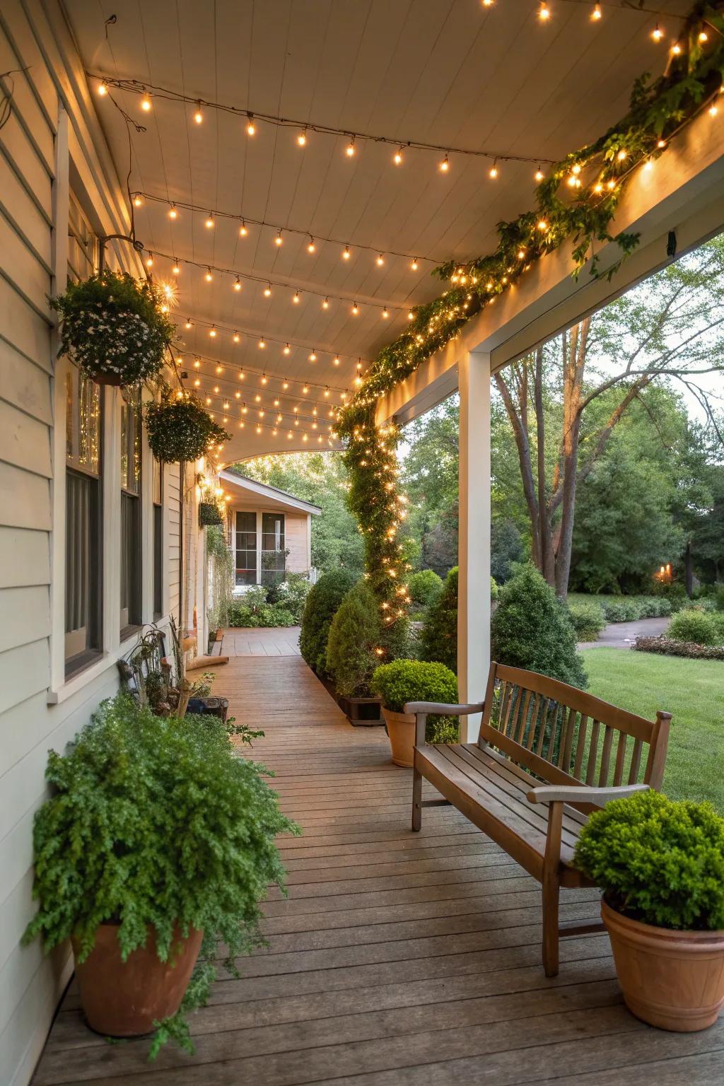 A harmonious porch design with string lights and natural elements.