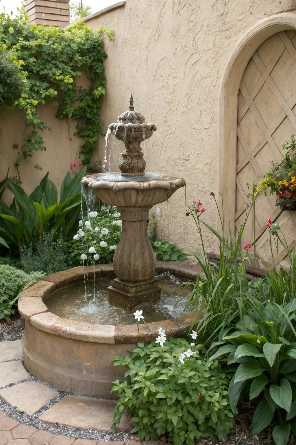 Tranquil stone water feature against a stucco backdrop.