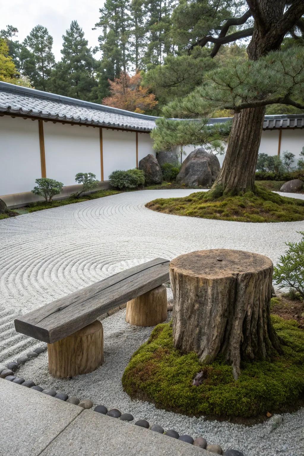 Find tranquility with a stump bench in a Zen garden.