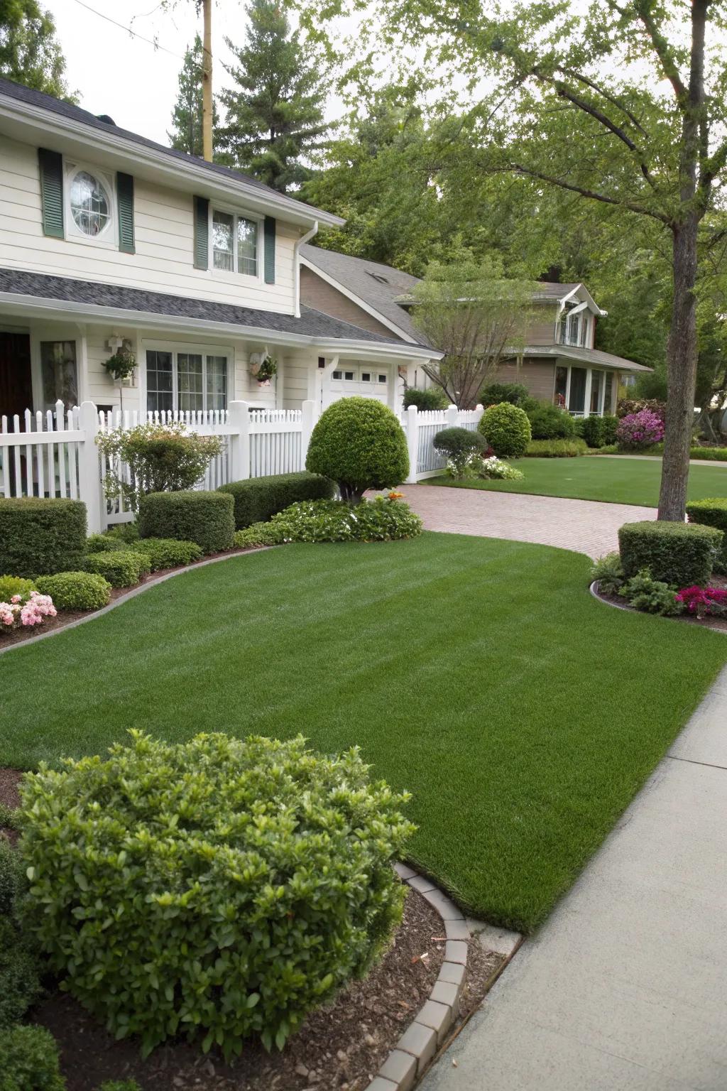 Artificial grass offers a lush, maintenance-free alternative for this front yard.