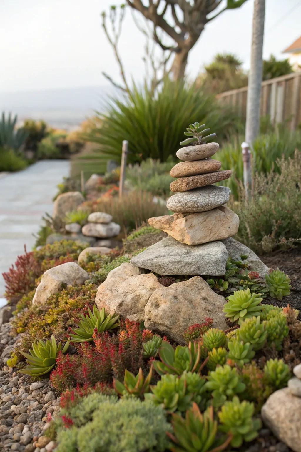 Layered rocks add depth and texture to the garden.