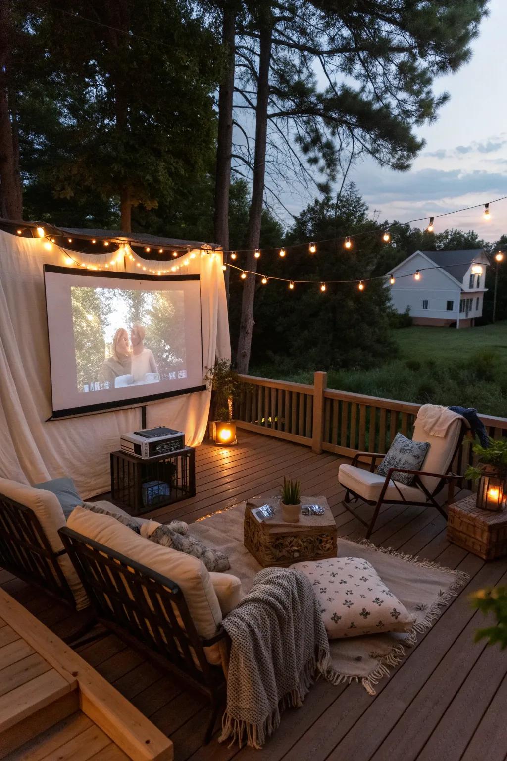 An outdoor movie setup turns your deck into an entertainment hub.