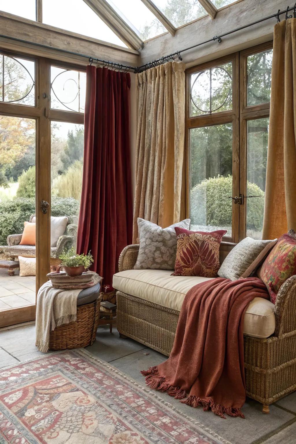 Textured fabrics enhance the sunroom's depth and visual interest.