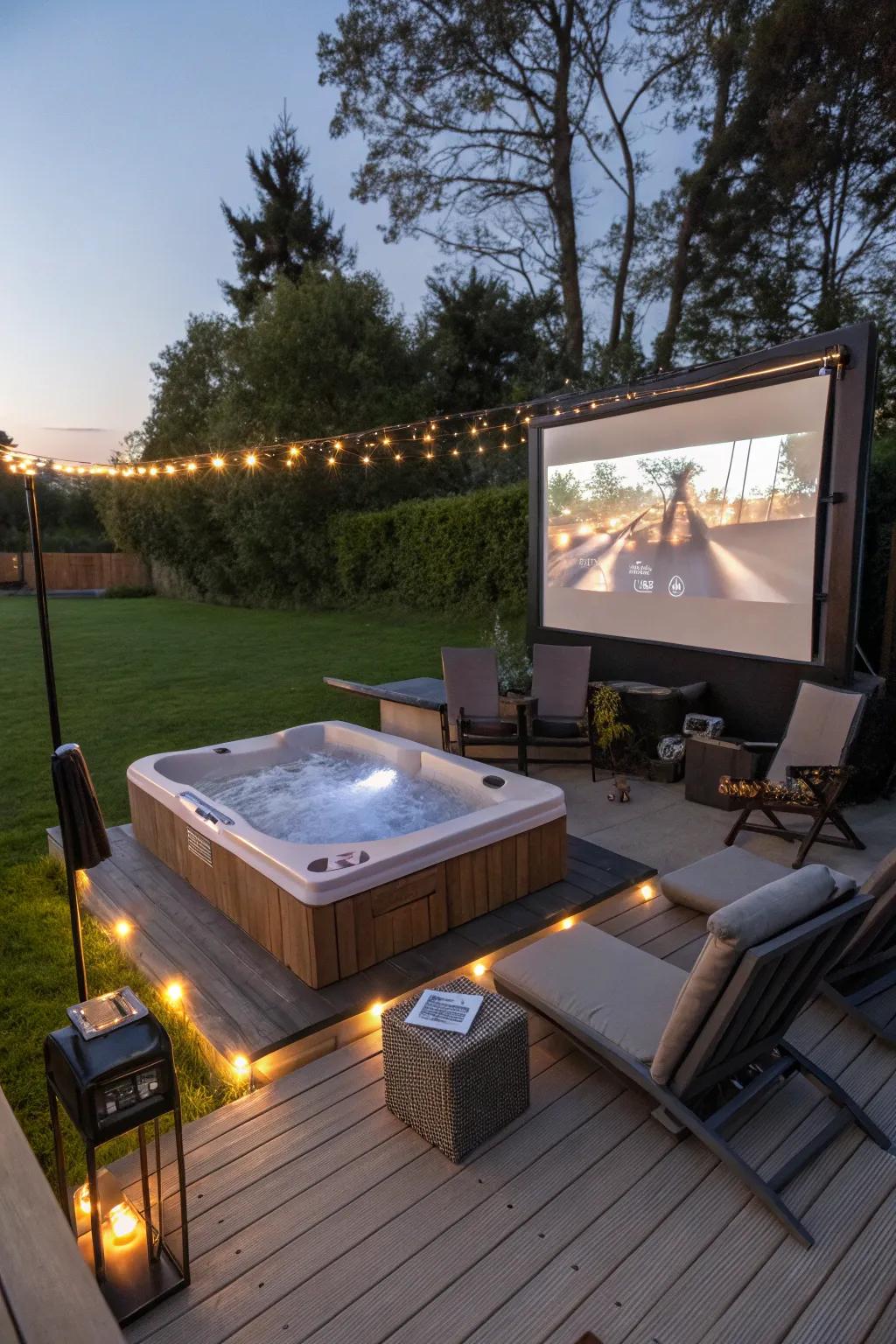 A sunken hot tub deck converted into an outdoor cinema for movie nights.