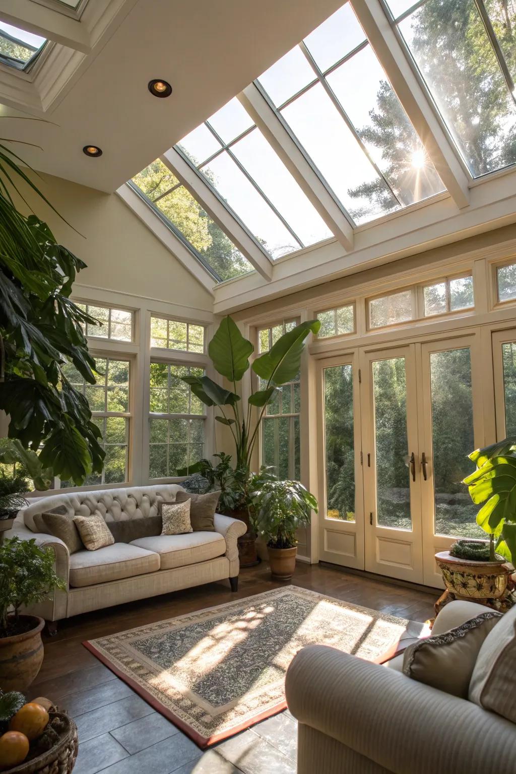 Skylights enhance the airy ambiance of the sunroom.