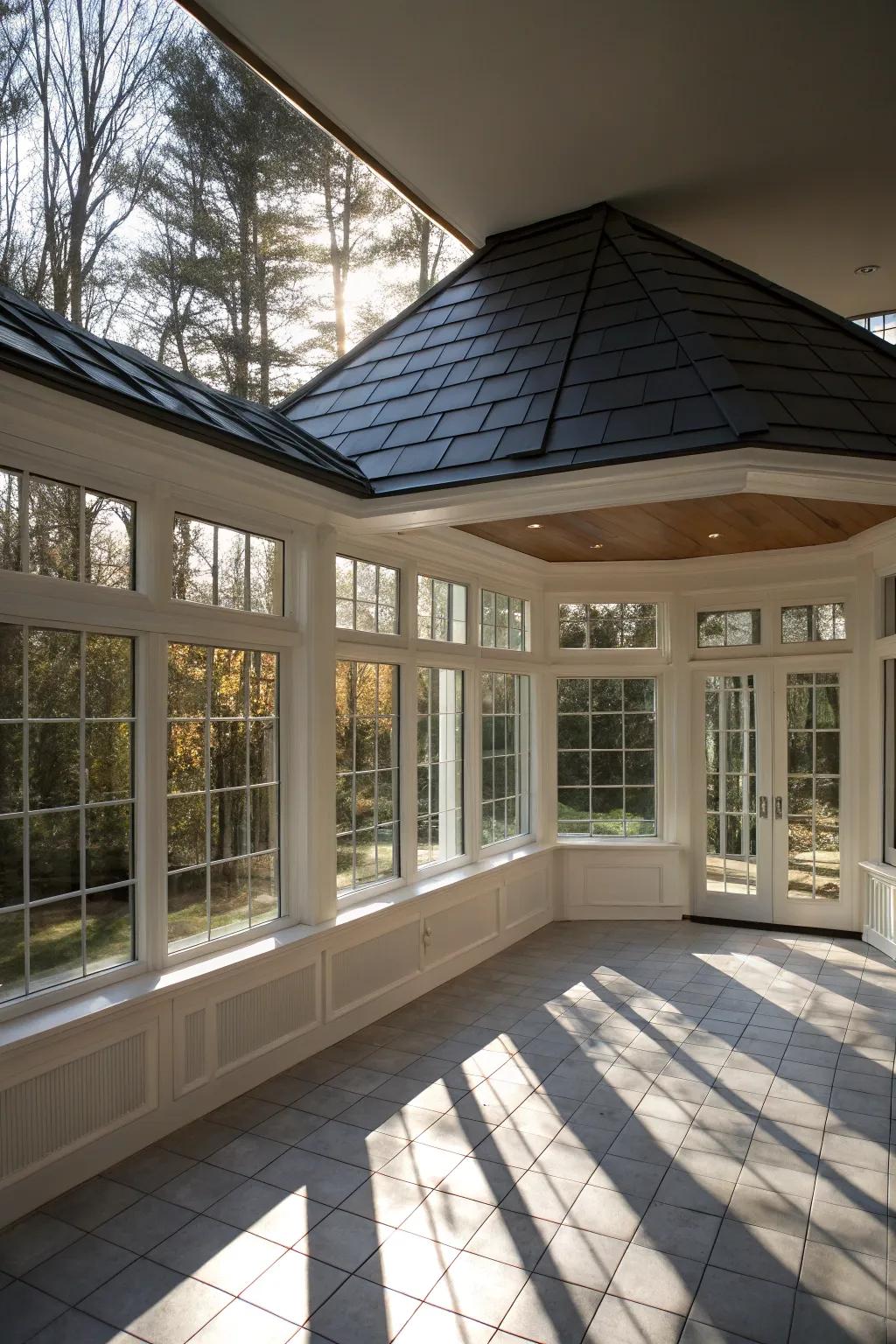 Dark roofs create a striking contrast and add depth.