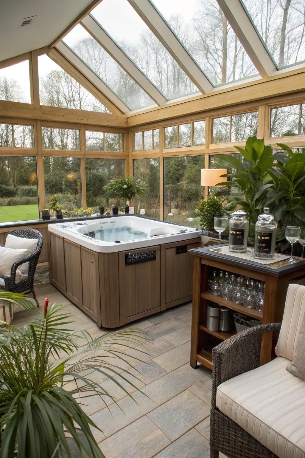 A stylish beverage station enhances the entertaining aspect of the sunroom.