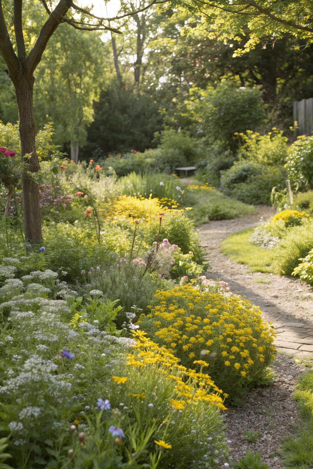 Miniature meadow with sunshine ligustrum and wildflowers for a natural look.