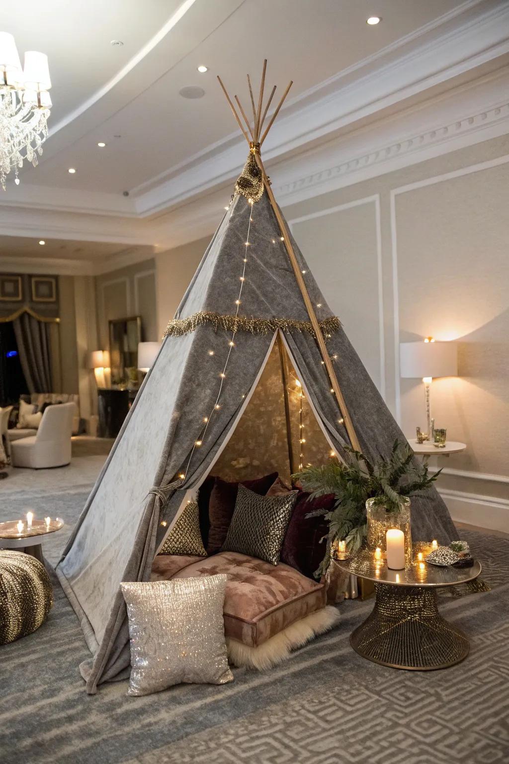 A glamorous teepee offers a touch of luxury and sophistication.