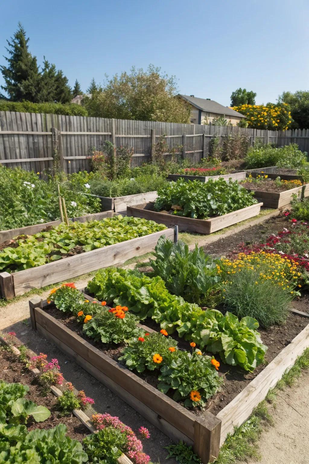 Raised beds offer organized planting and ease of maintenance.