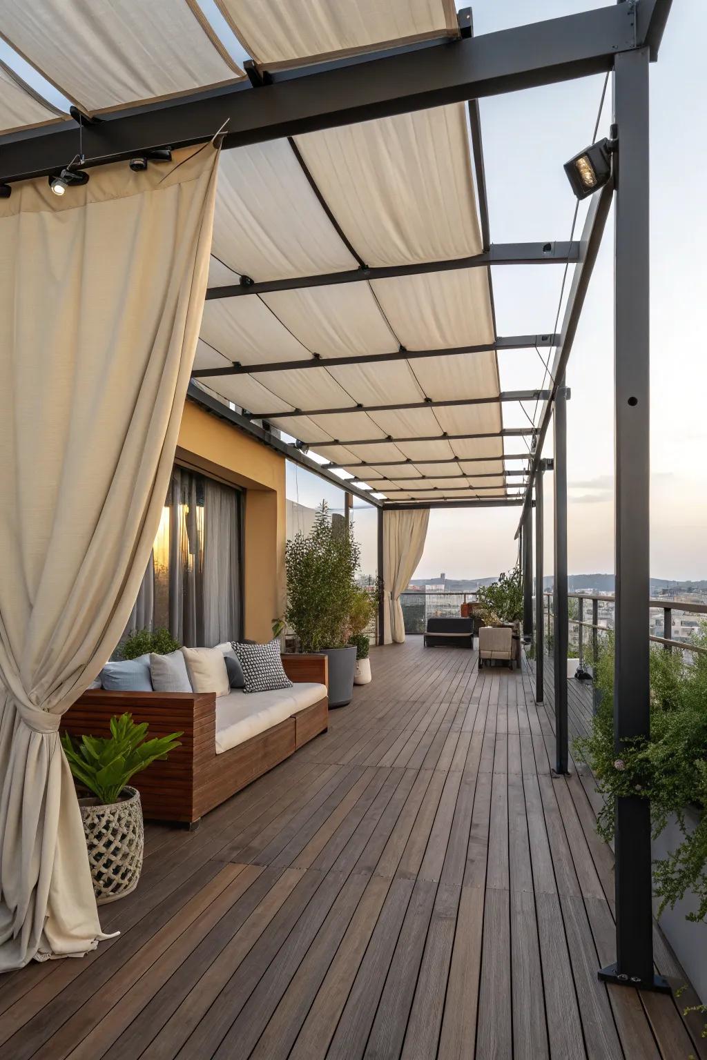 Mixed materials create a personalized and dynamic terrace cover.