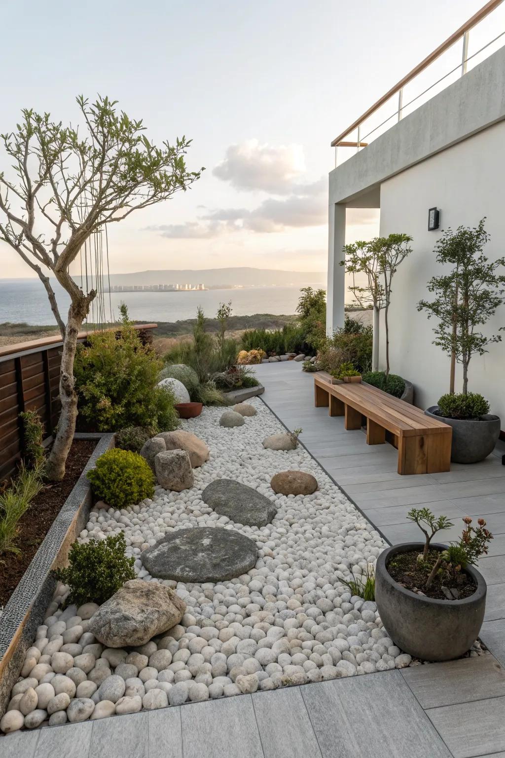 A meditative rock garden provides calm and contemplation on a terrace.