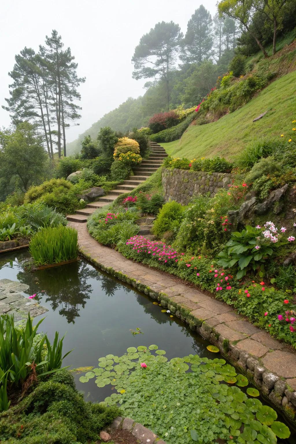 Terraced garden with a small pond surrounded by aquatic plants, creating a peaceful oasis on a slope.
