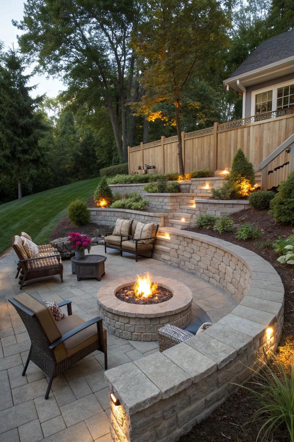 A fire pit integrated into the retaining wall creates a warm gathering spot.