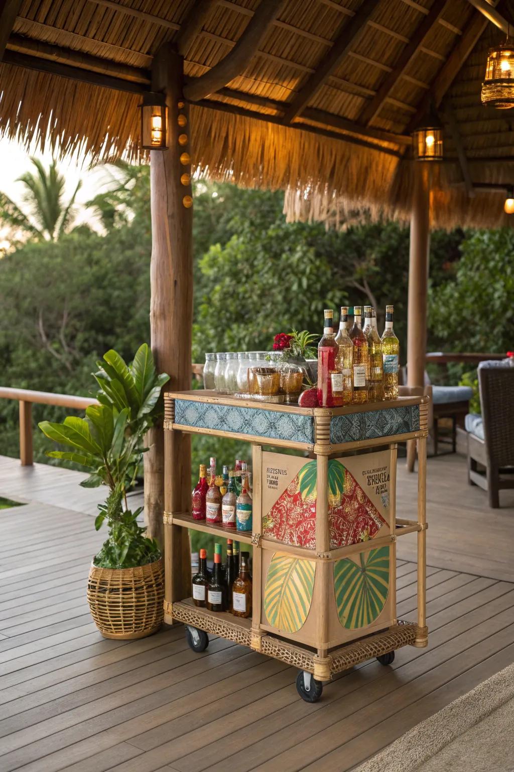 A bar cart keeps refreshments within easy reach