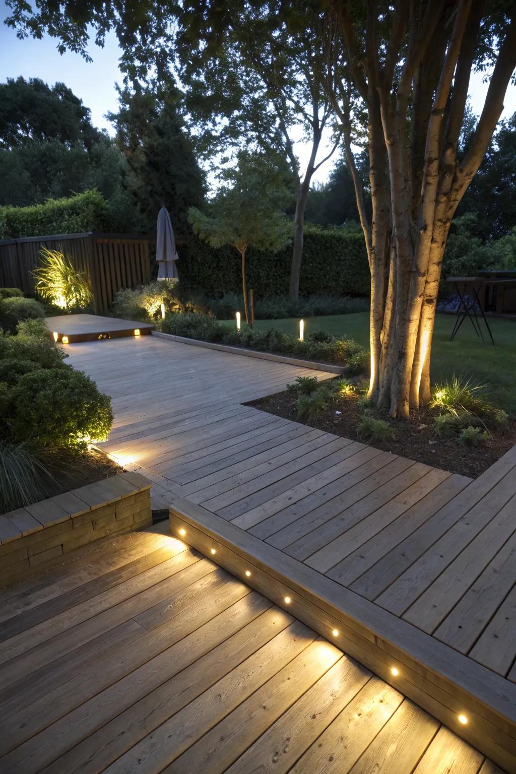 A timber deck enhanced by strategic lighting for evening ambiance.