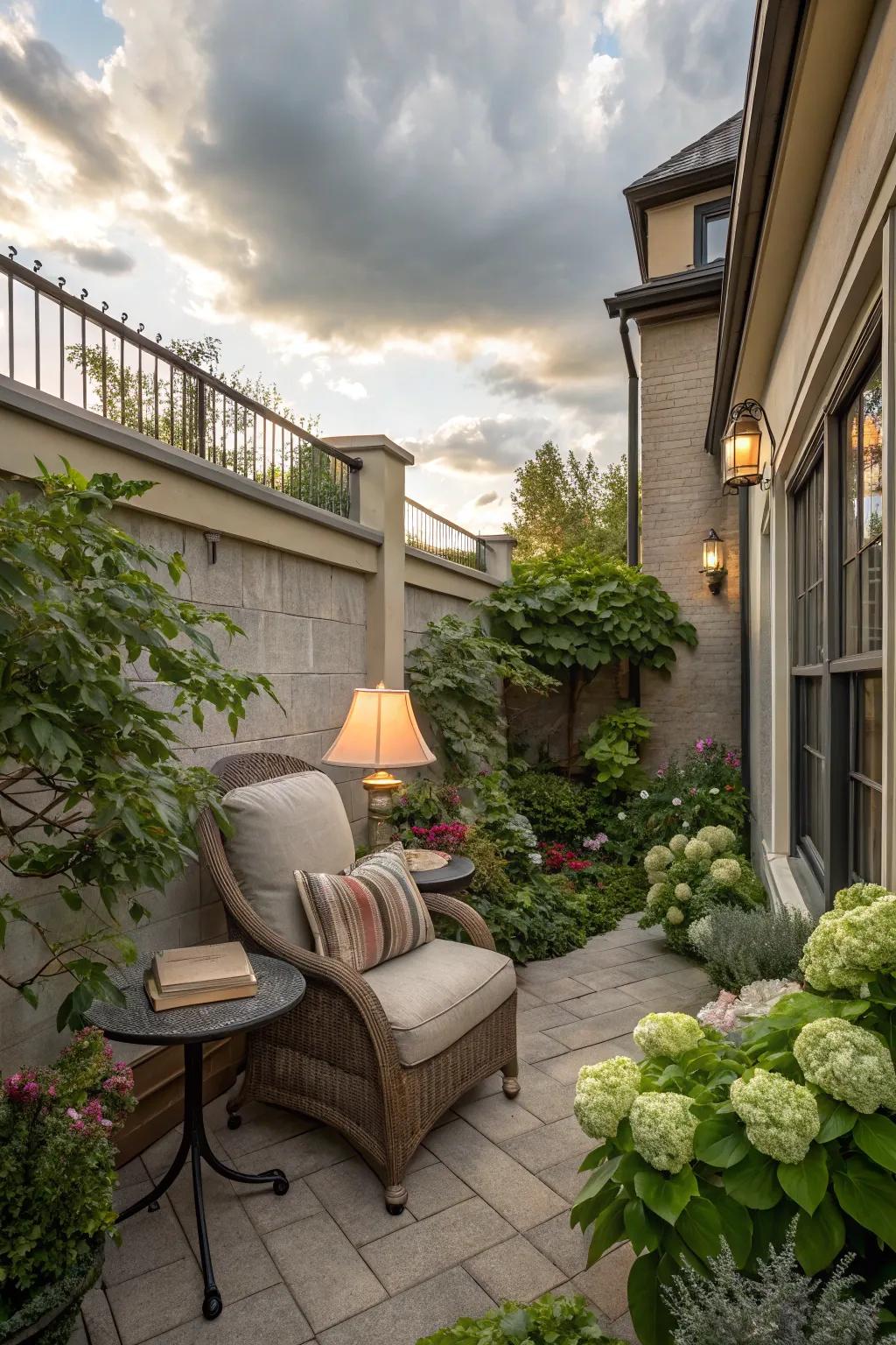 A reading corner offers a peaceful retreat in the courtyard.