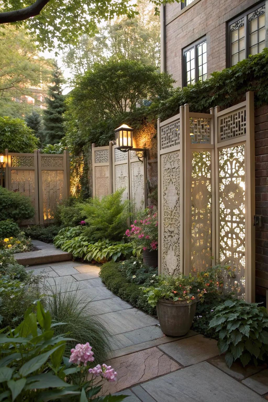 Decorative screens adding privacy and a touch of artistry to a townhouse garden.