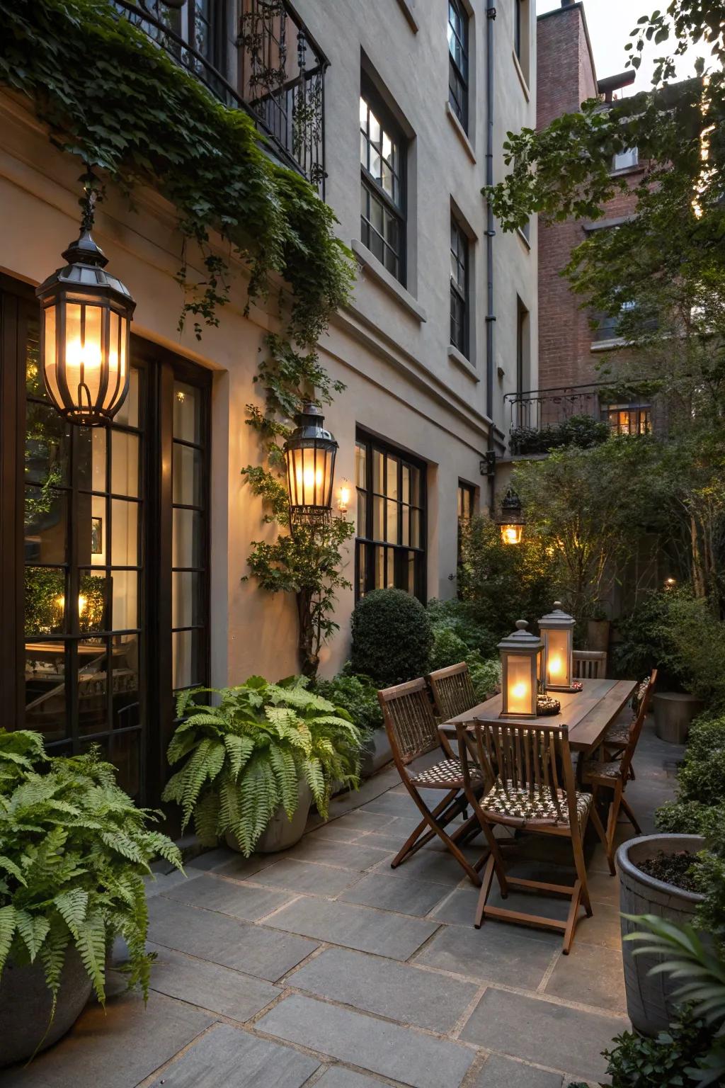 Lanterns create a warm and private atmosphere.