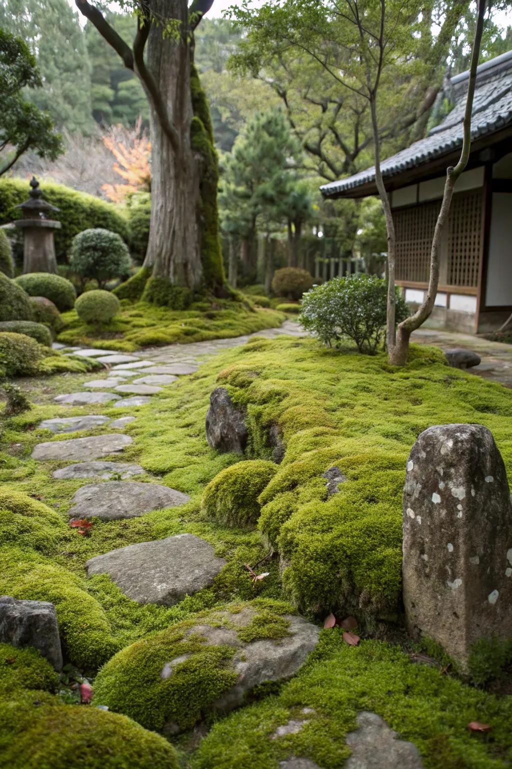 A serene moss garden providing a lush, natural carpet.