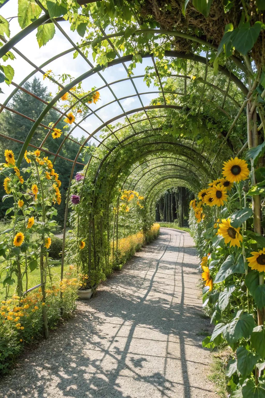 A playful sunflower tunnel, perfect for childlike wonder.