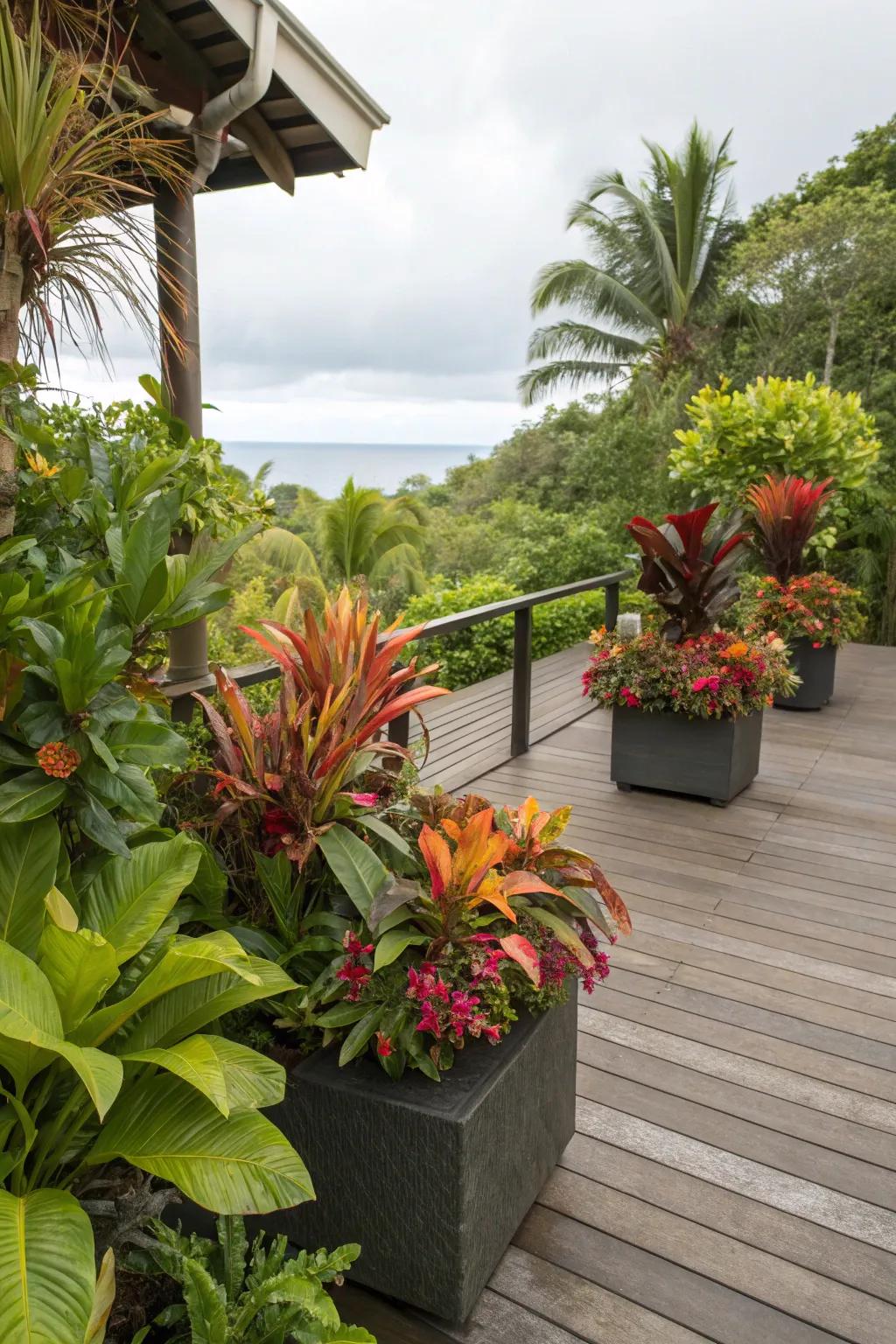 Custom built-in planters seamlessly integrate greenery into the deck.