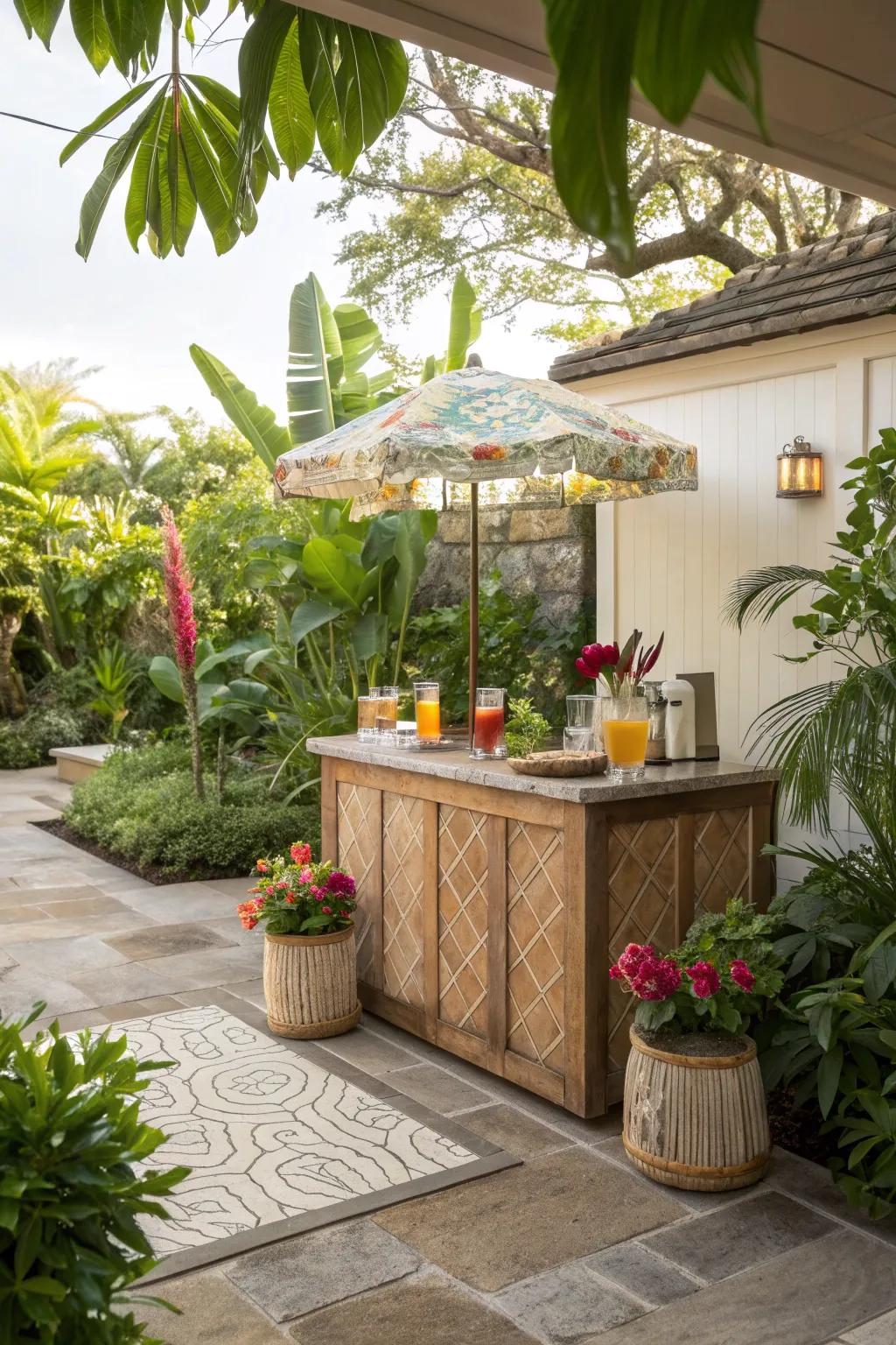 A mini bar setup is perfect for serving tropical drinks on this patio.