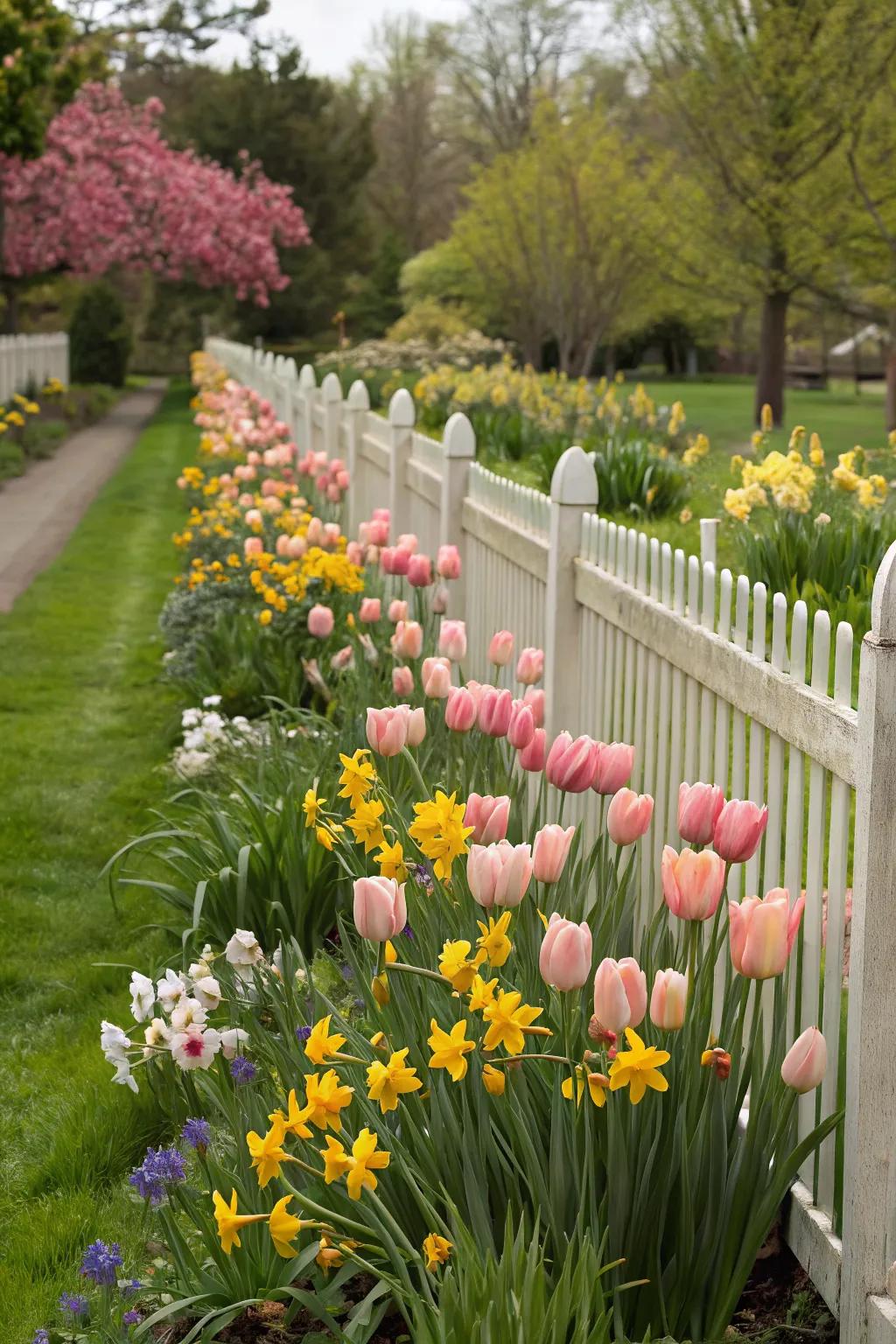A floral curtain of tulips and daffodils along a garden fence.