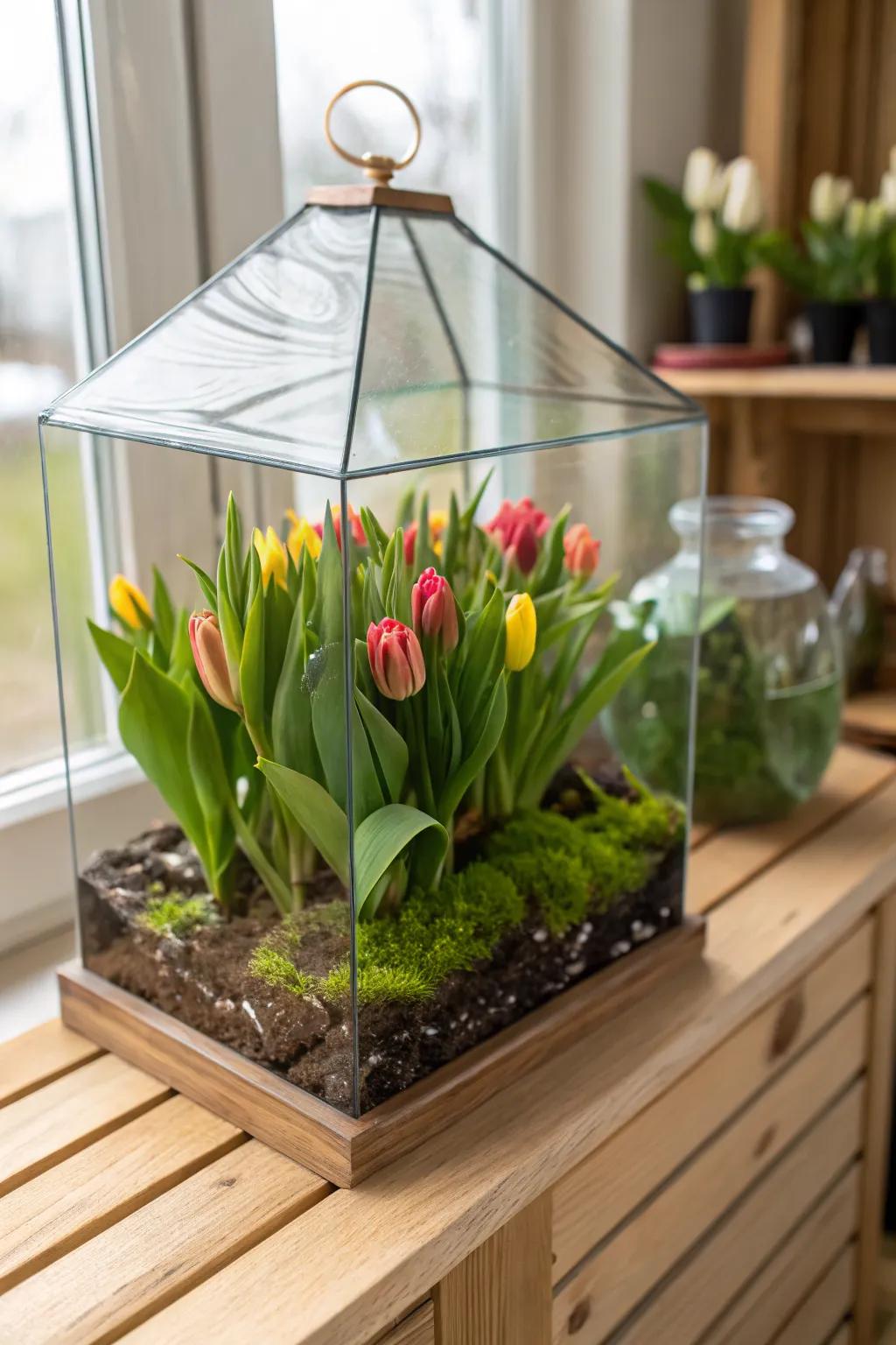 A unique tulip terrarium bringing the garden indoors.