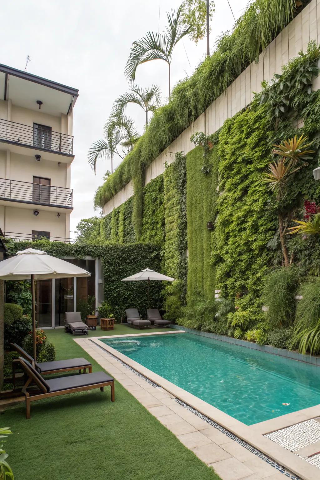 Vertical gardens add greenery and texture.