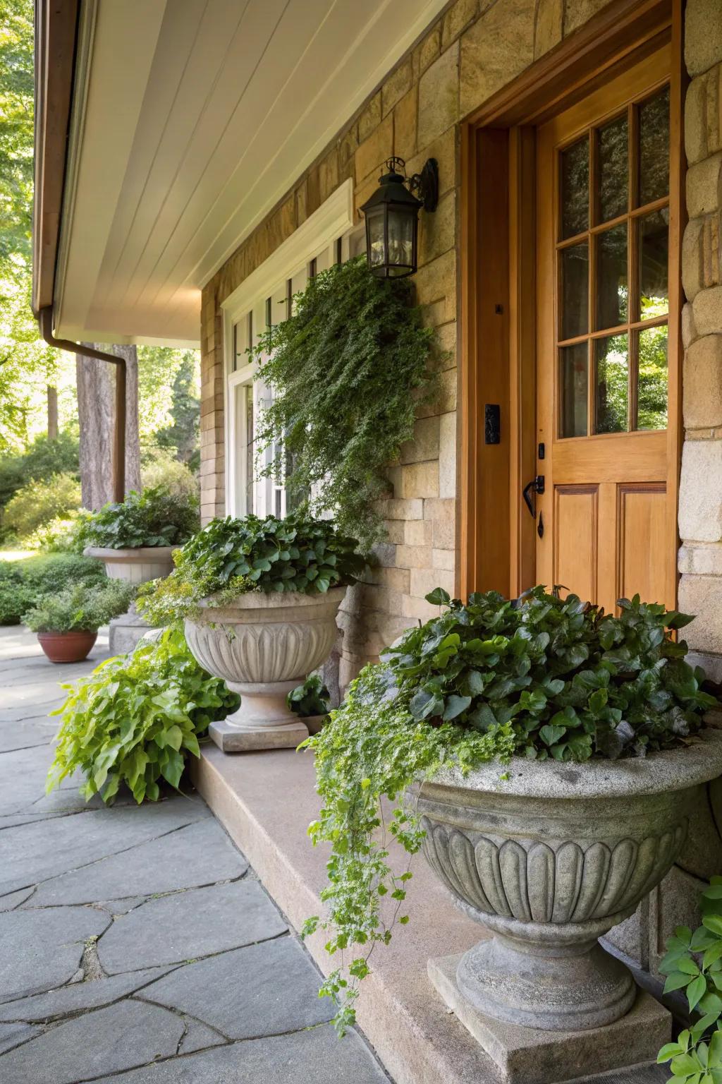 Stone planters complement the rustic charm of the porch.