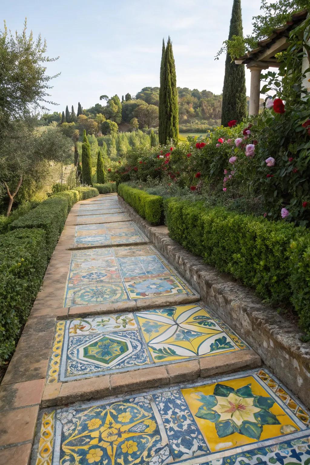 Ceramic tiles add vibrant color to garden paths and walls.