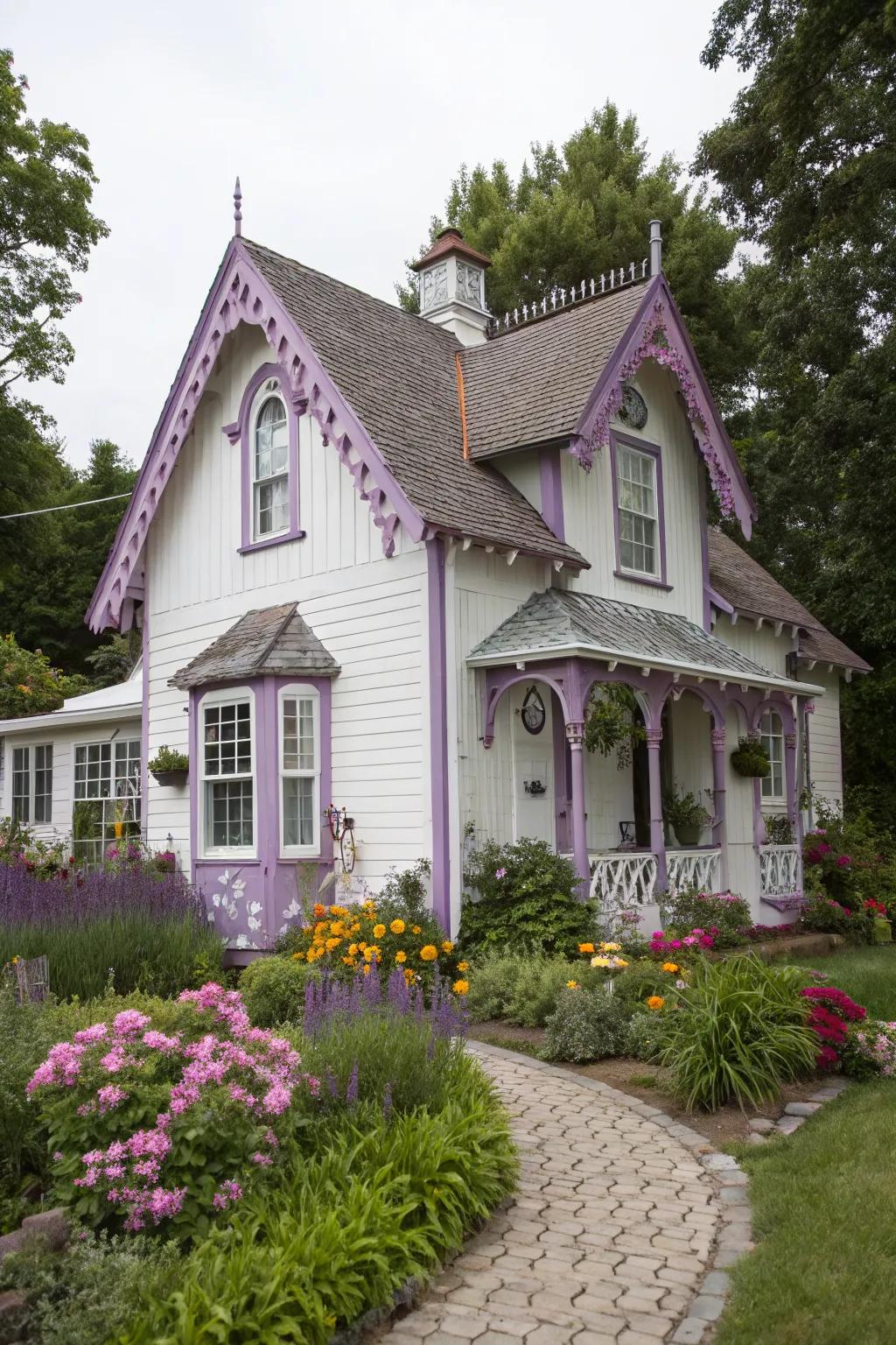 Lavender and white add a charming, whimsical touch to this cottage.