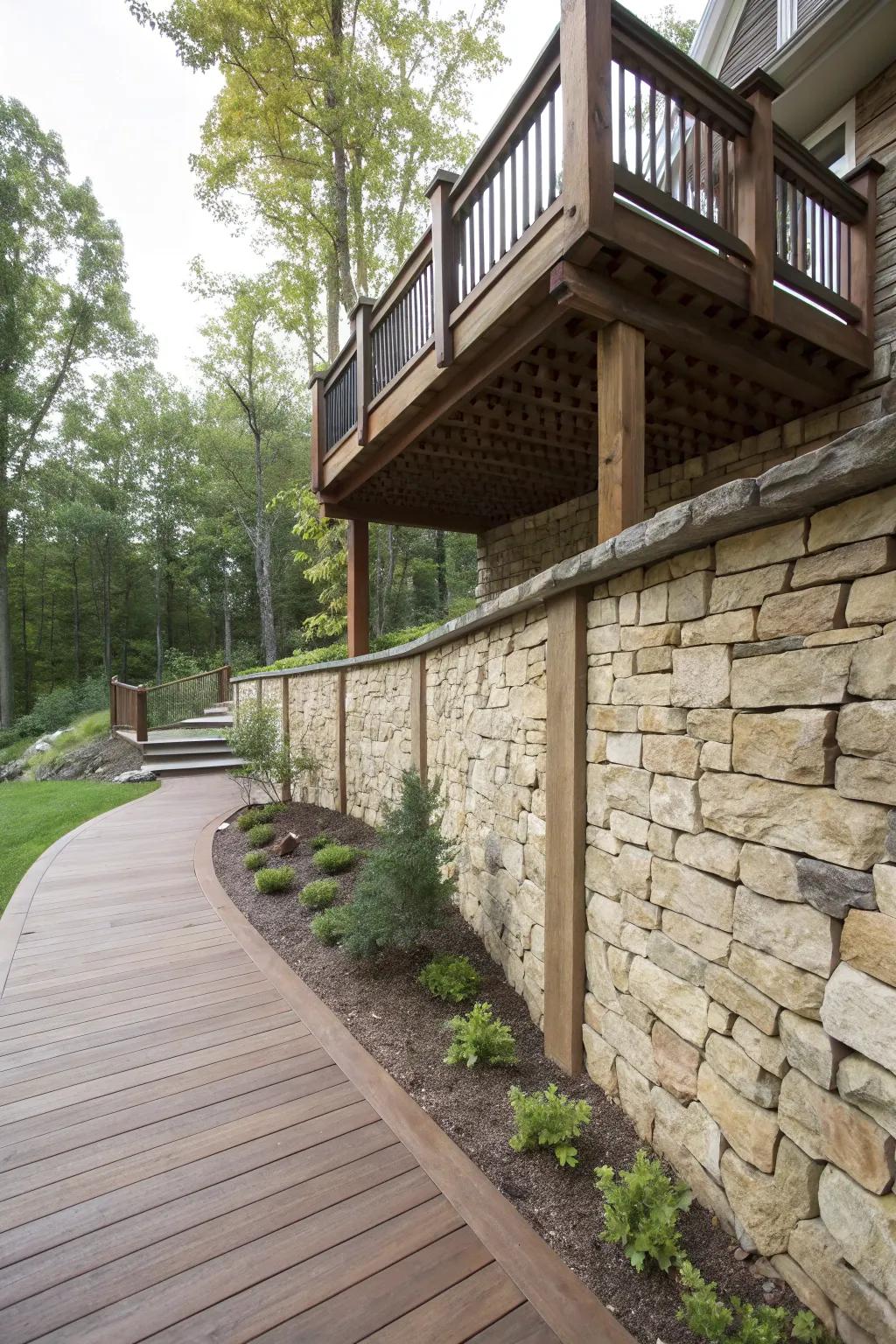 Elegant stone walls offer privacy and double as stylish seating.