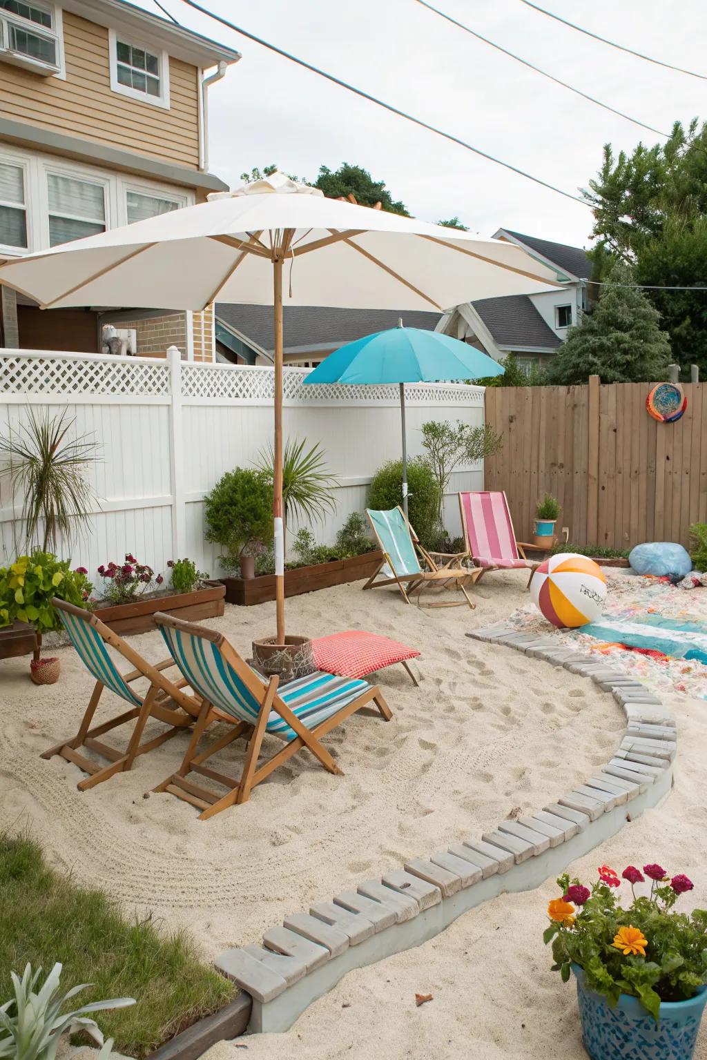 A backyard beach creates a seaside escape at home.
