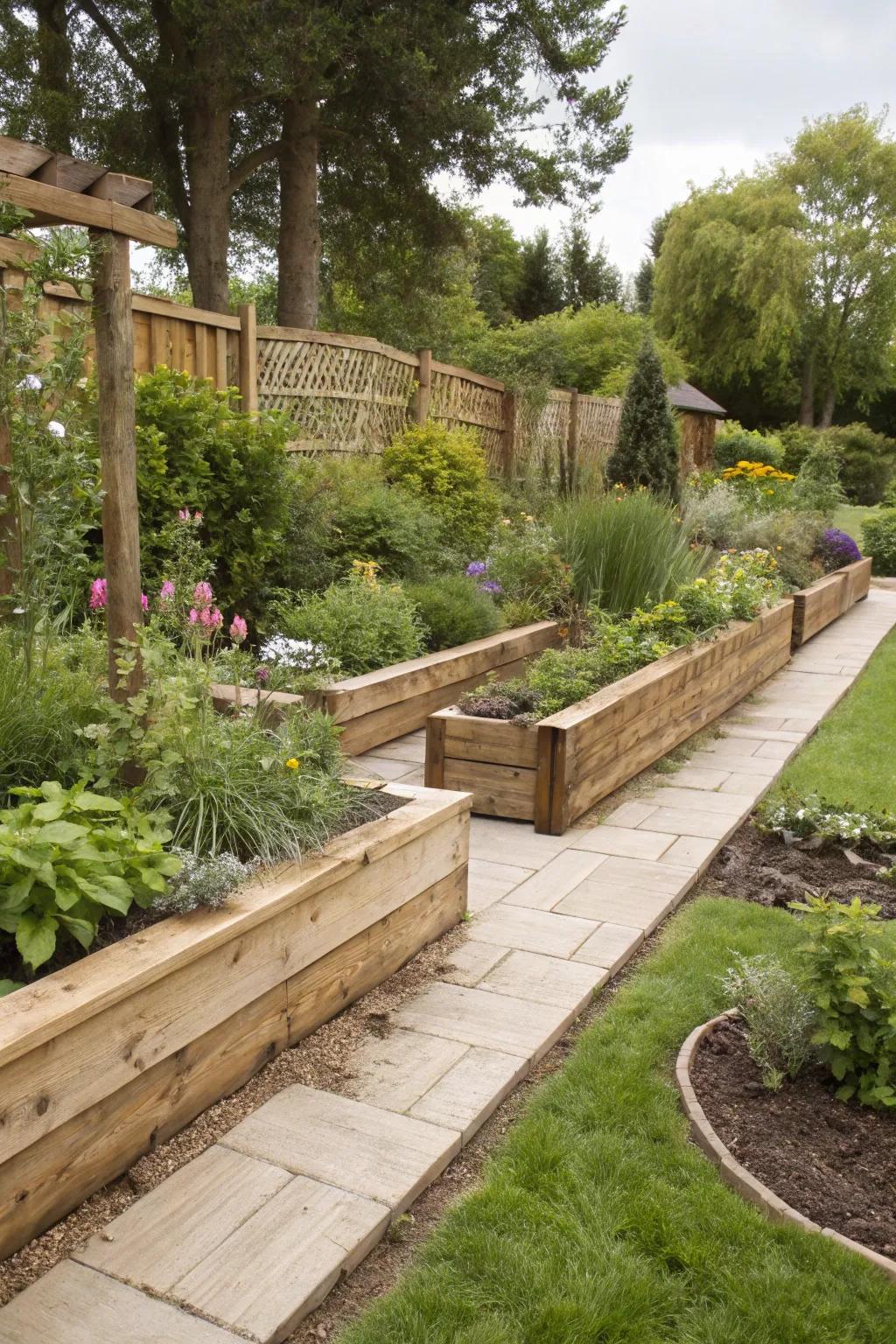 Landscape timbers offer a robust and natural garden border.