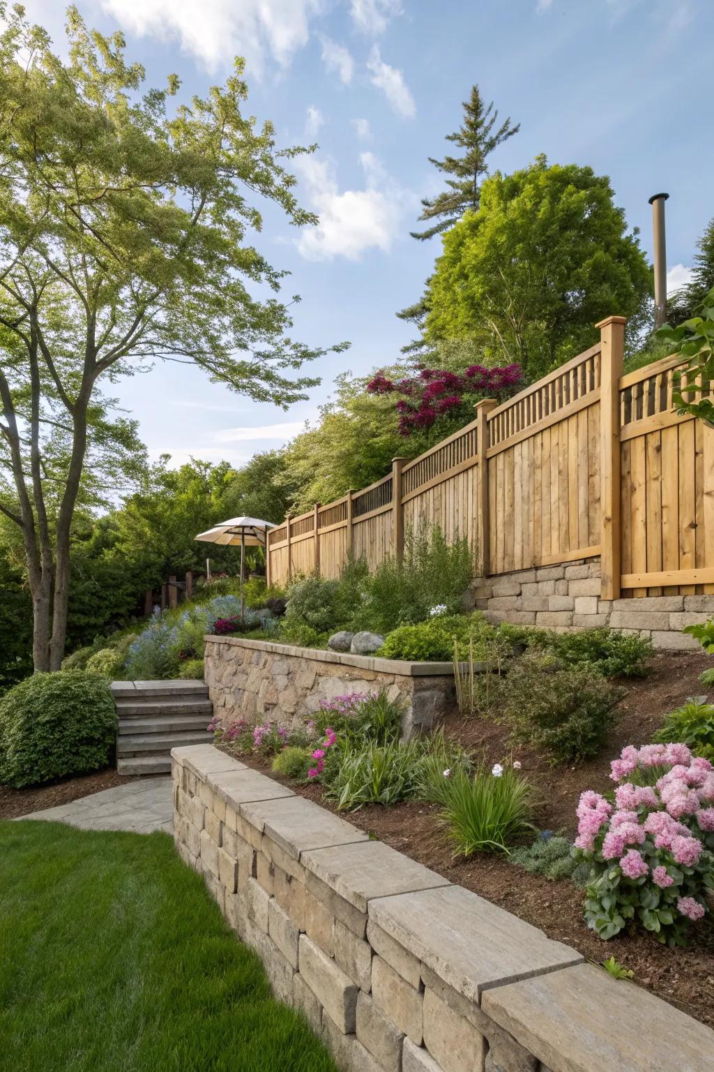 Functional privacy with a fence-topped retaining wall