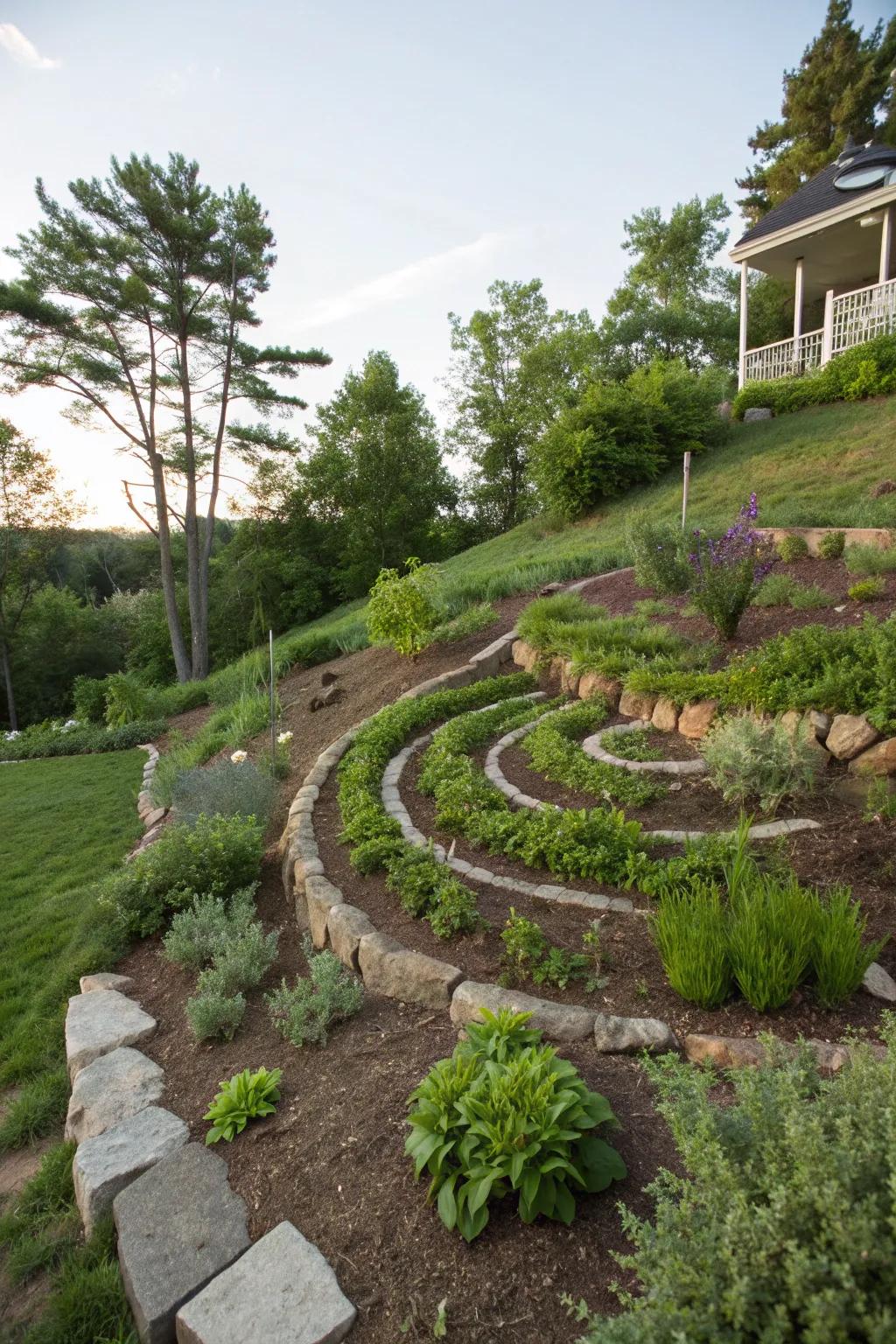 An herb spiral provides a compact and charming garden feature.