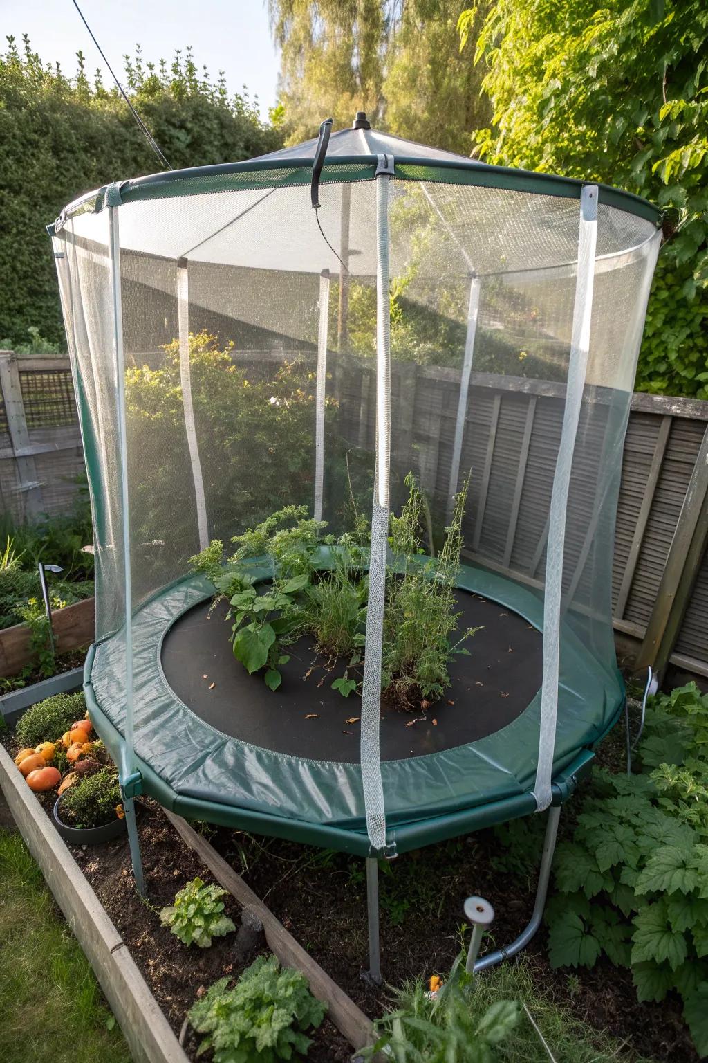 Craft a mini greenhouse beneath your trampoline for early seedling growth.