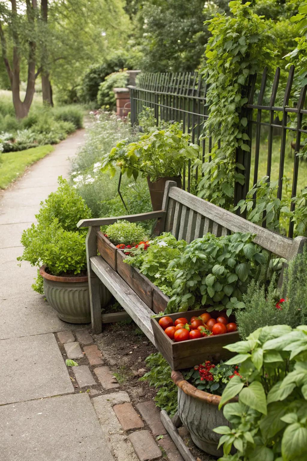 A cozy bench with integrated planters for a multifunctional space.