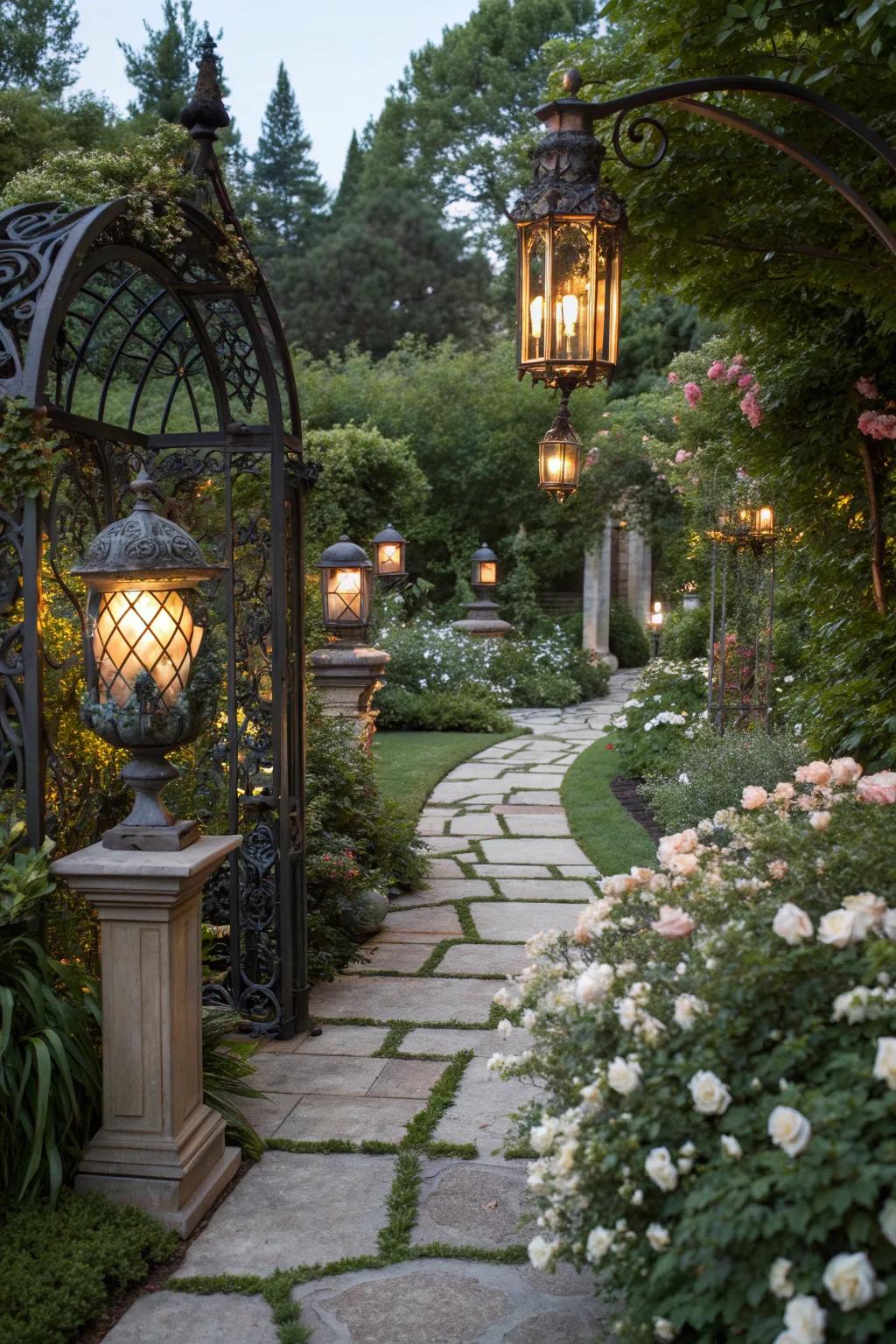 Garden lighting enhances the ambiance and safety.