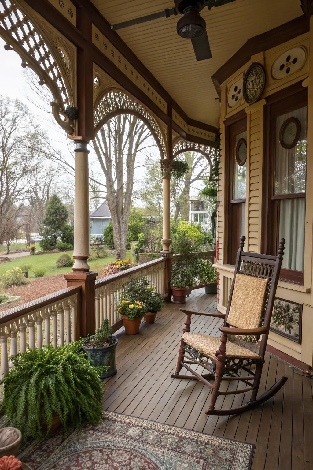 Victorian porch with personal touches, including a sentimental family rocking chair.